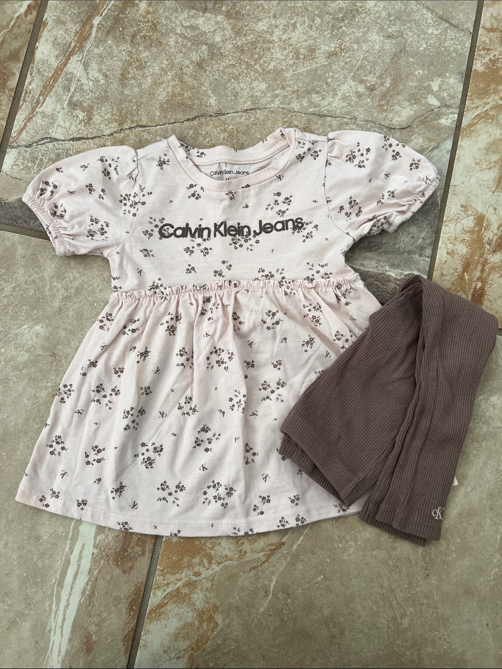 Calvin Klein Jeans Light Pink Floral Dress with Brown Leggings